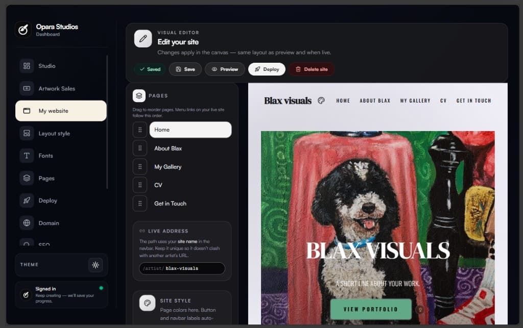 Opara Studios visual editor on desktop